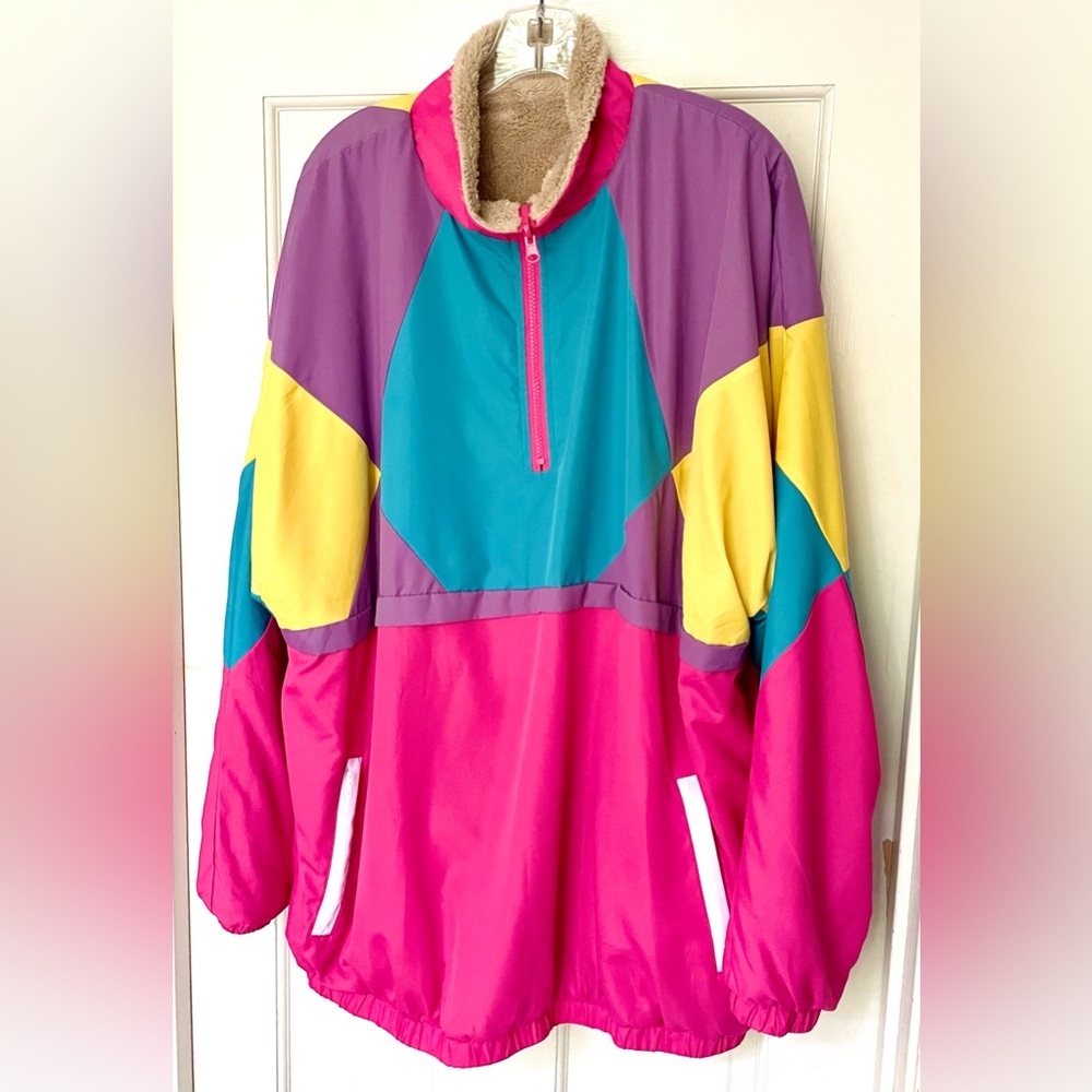 Funny Guy Mugs Colorful Reversible Sherpa Jacket Windbreaker Retro Colorblock XL